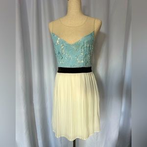 Beautiful blue lace appliqué and white pleated skirt dress!